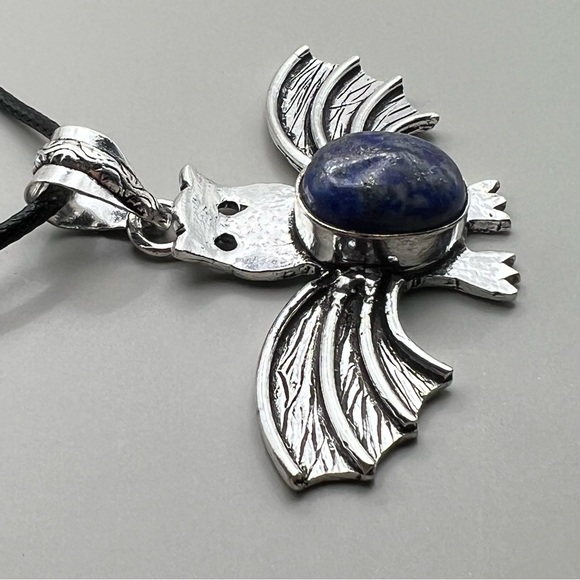 New Lapis Lazuli Stone Halloween Bat Silver Overlay Pendant Necklace with Cord - Picture 2 of 6